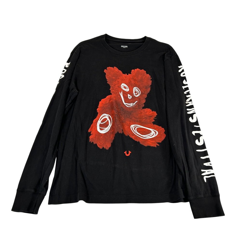 True Religion Mens Rose Bear Long Sleeve T-Shirt Black Red XL 103946 Graphic Tee